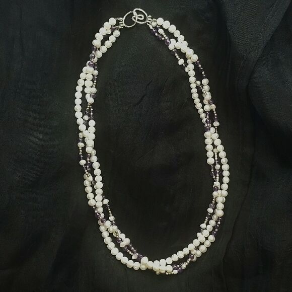 17.5" Triple Strand Pearl & Amethyst Necklace - Picture 2 of 4